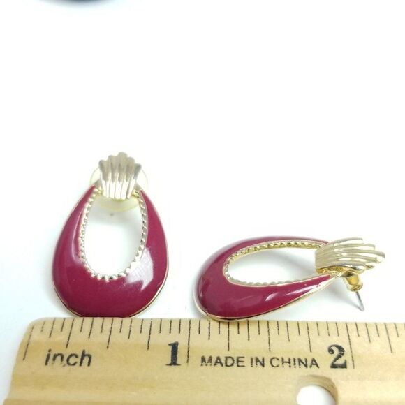 Vintage Red Enamel Door Knocker Style Stud Earrings, Gold Tone Setting, Retro - Picture 4 of 6